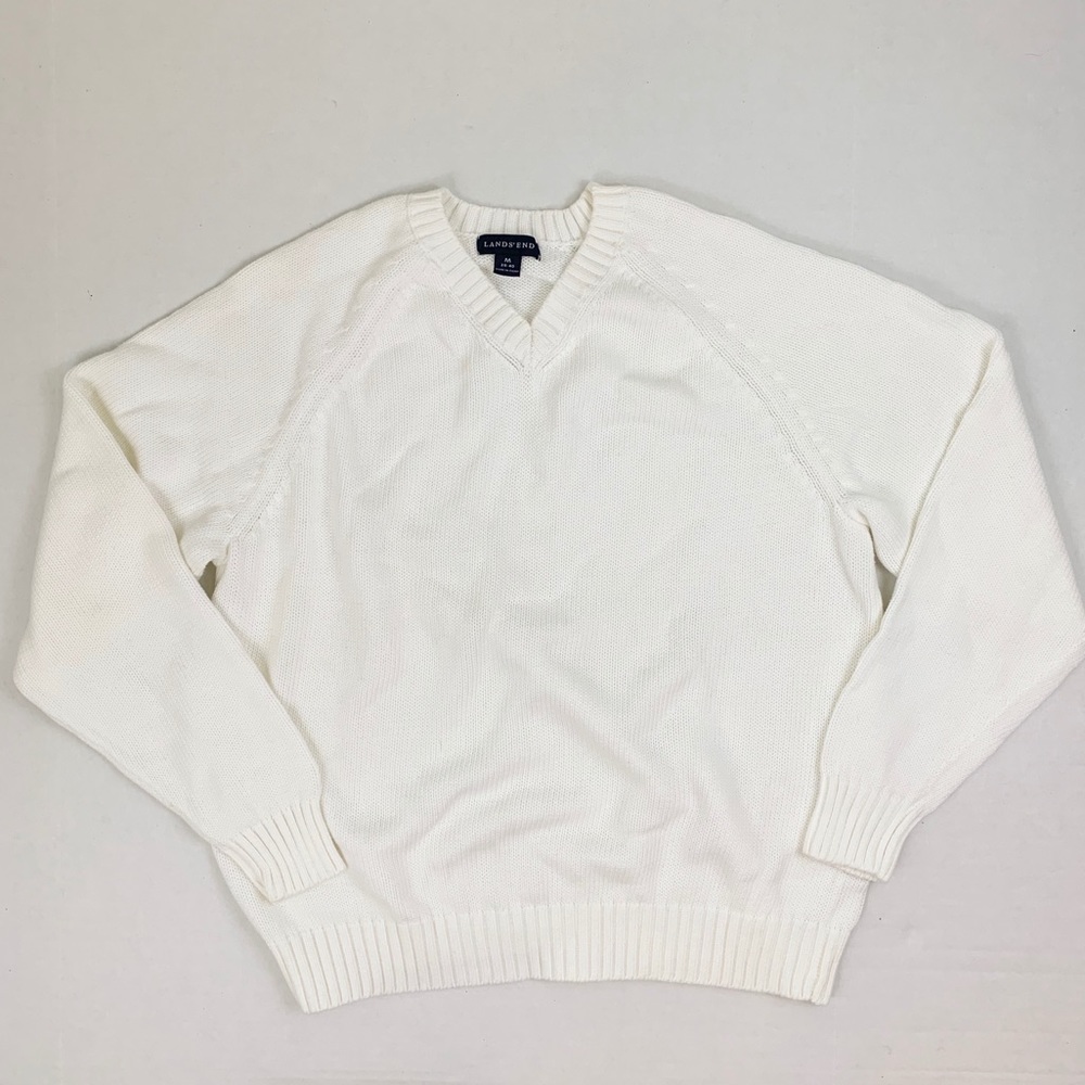 Lands End White Knit V-Neck Sweater